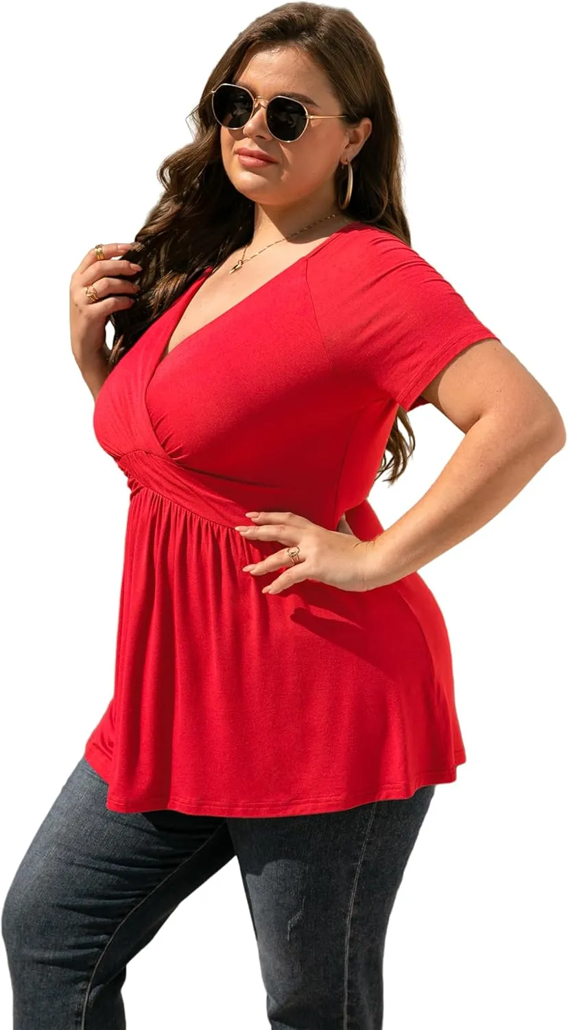 TIANZHU Women's Plus Size Dressy Tops Wrap Shirt Short Sleeve Tunic Top V Neck Low Cut Cute Blouse