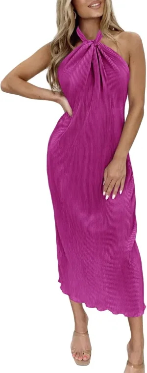 Wenrine Womens Sexy Halter Neck Dresses Backless Split Ribbed Cocktail Party Midi Dress