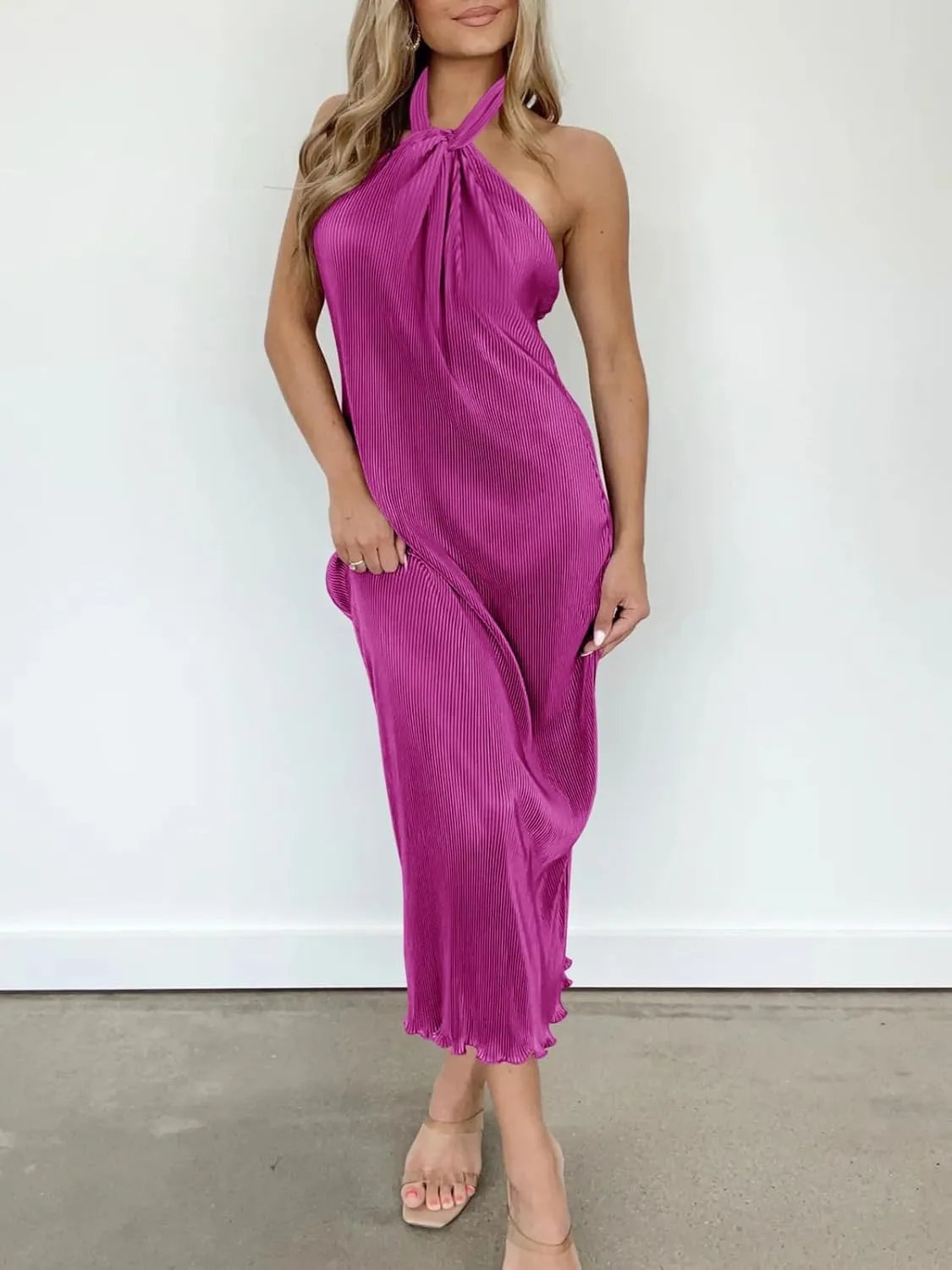 Wenrine Womens Sexy Halter Neck Dresses Backless Split Ribbed Cocktail Party Midi Dress
