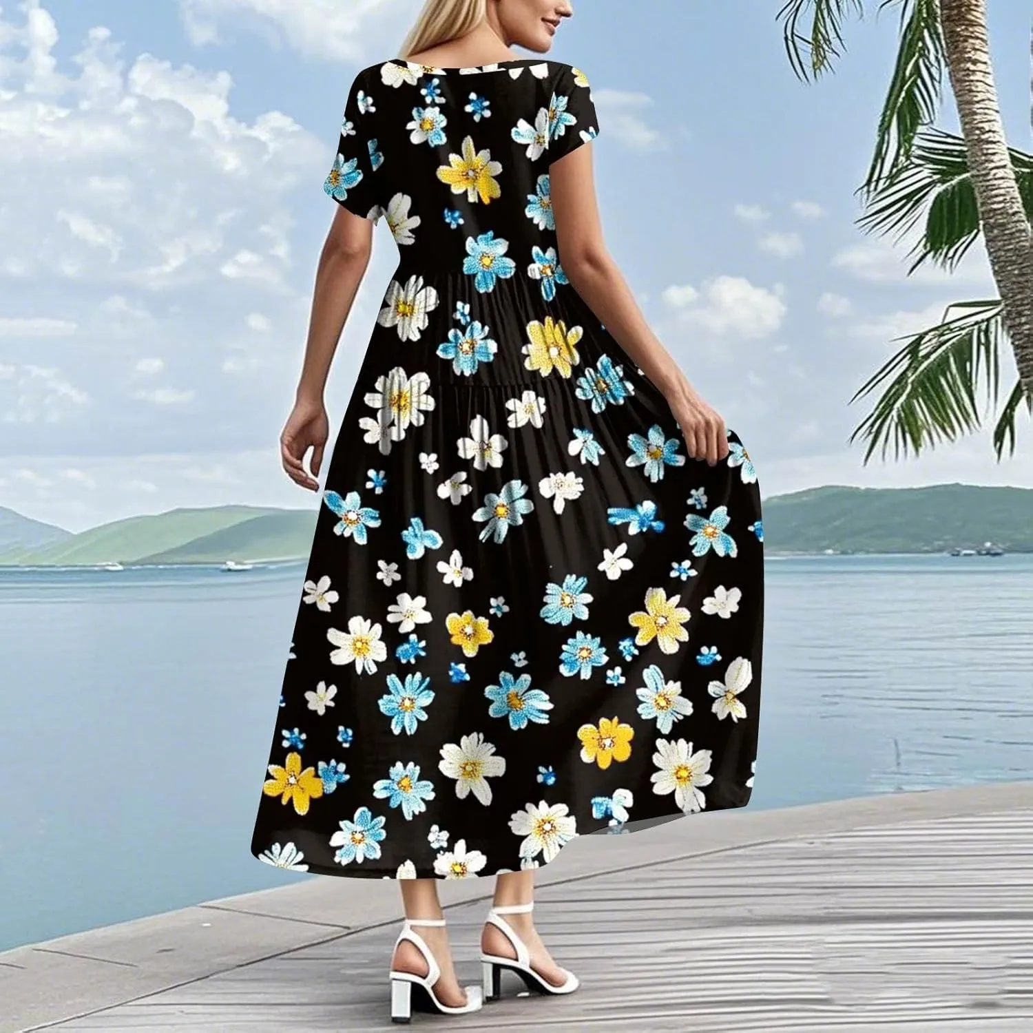 Women Casual Plus Size Loose Bohemian Flower Maternity Dress Short Sleeve Long Boho Maxi Spring Dress
