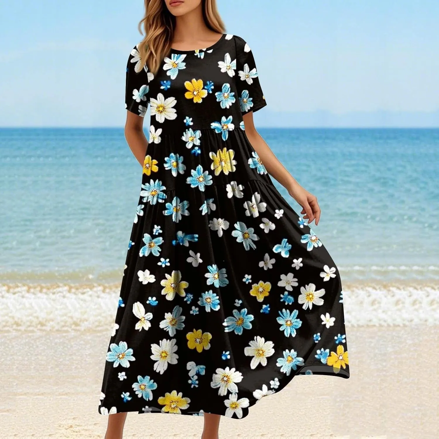 Women Casual Plus Size Loose Bohemian Flower Maternity Dress Short Sleeve Long Boho Maxi Spring Dress
