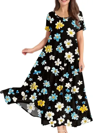 Women Casual Plus Size Loose Bohemian Flower Maternity Dress Short Sleeve Long Boho Maxi Spring Dress