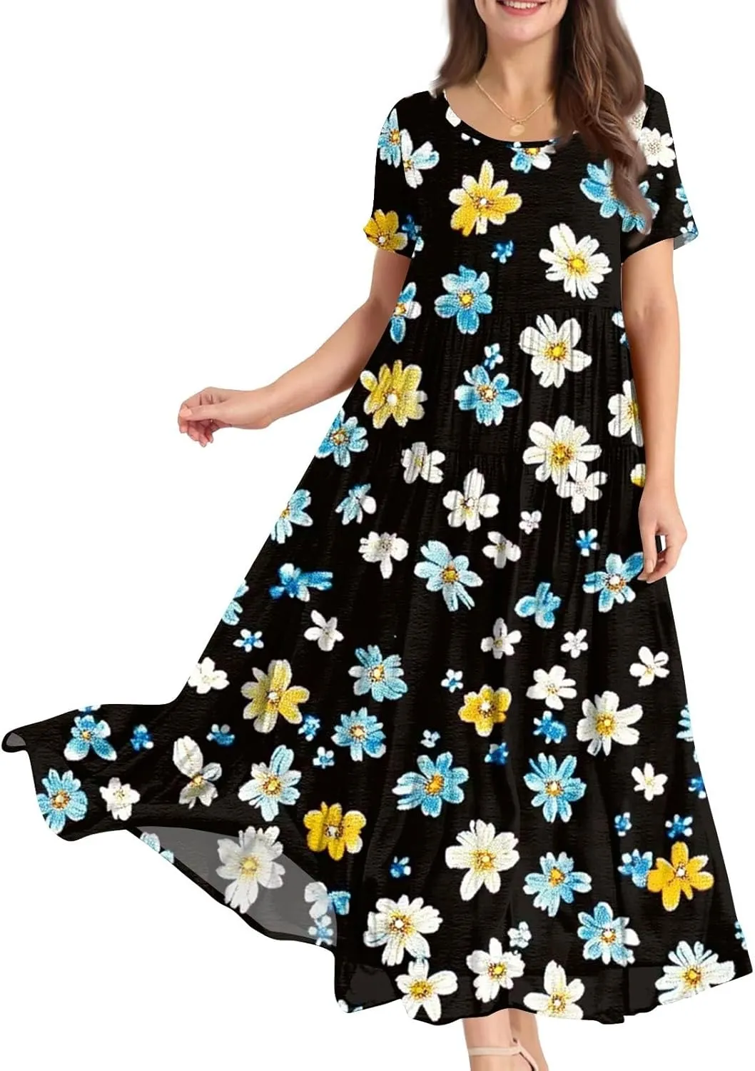 Women Casual Plus Size Loose Bohemian Flower Maternity Dress Short Sleeve Long Boho Maxi Spring Dress