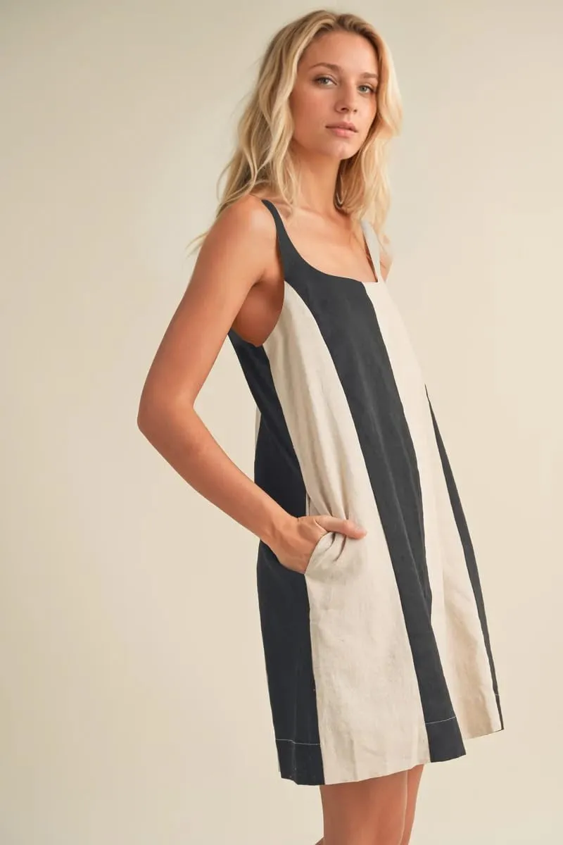 Women Color Block Square Neck Sleeveless Mini Dress Adjustable Wide Strap Contrast Linen Short Dress with Pockets