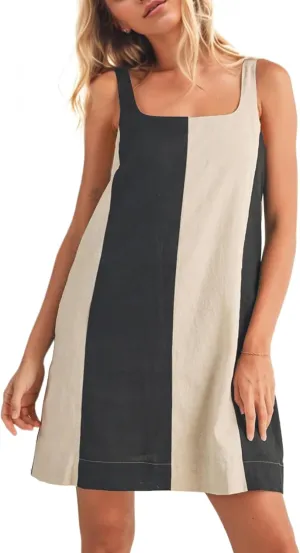 Women Color Block Square Neck Sleeveless Mini Dress Adjustable Wide Strap Contrast Linen Short Dress with Pockets