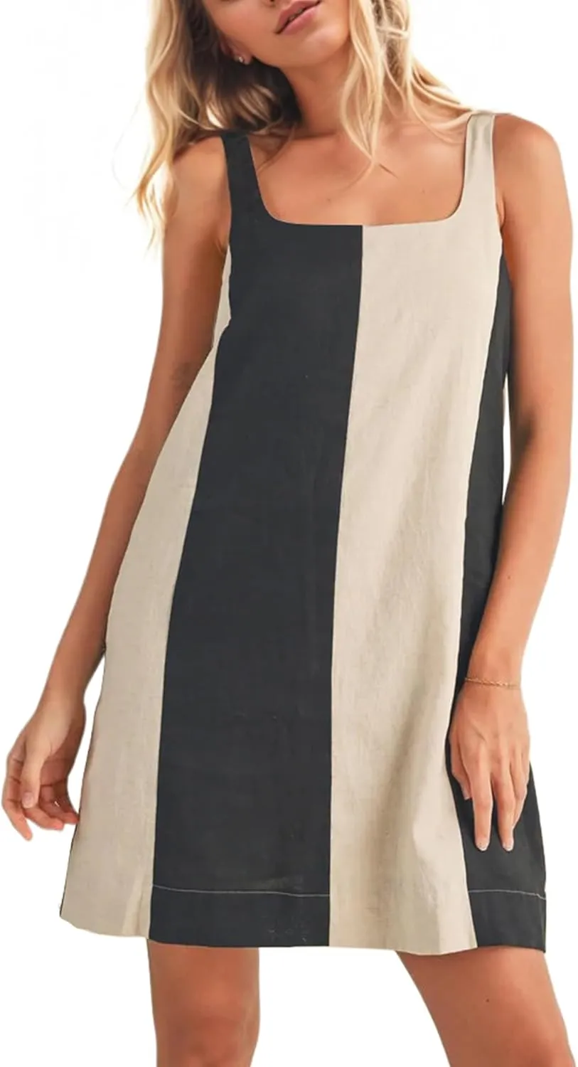 Women Color Block Square Neck Sleeveless Mini Dress Adjustable Wide Strap Contrast Linen Short Dress with Pockets