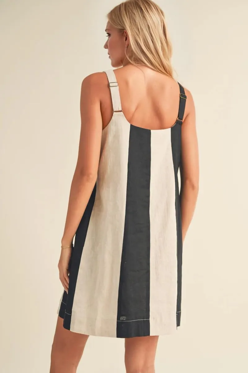 Women Color Block Square Neck Sleeveless Mini Dress Adjustable Wide Strap Contrast Linen Short Dress with Pockets