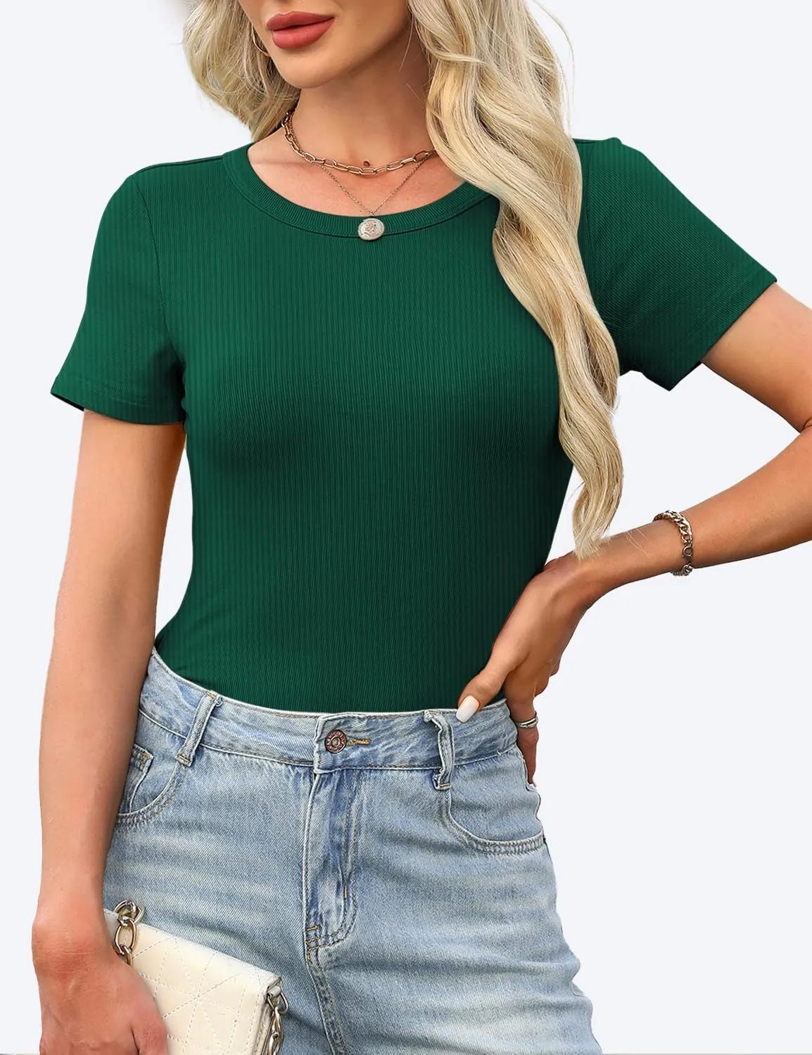 Women Ribbed Short Sleeve Tops Crew Neck Fitted Basic Tee Tshirts Cute Spring Clothes Summer Outfits 2025 Trendy Casual
