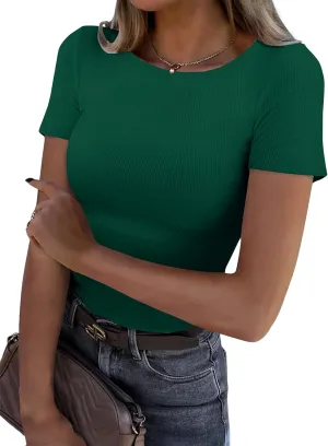Women Ribbed Short Sleeve Tops Crew Neck Fitted Basic Tee Tshirts Cute Spring Clothes Summer Outfits 2025 Trendy Casual