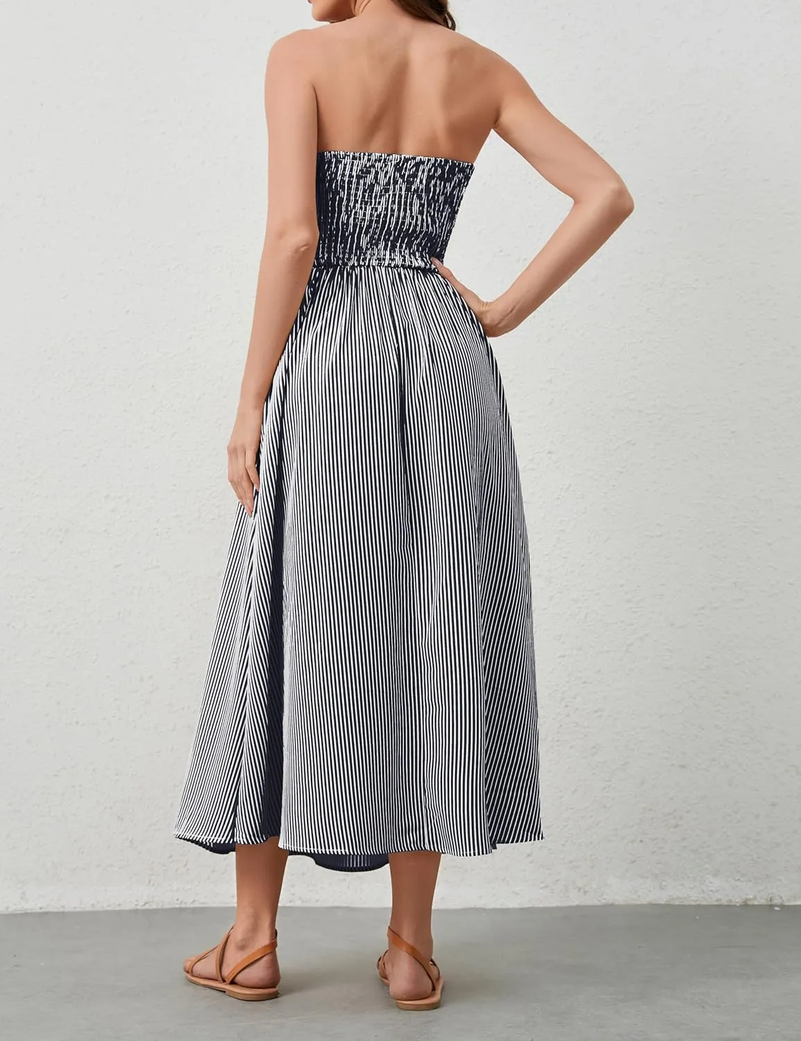 Women Striped Strapless Sleeveless Flowy Summer Casual Tube Maxi Long Dress with Pockets