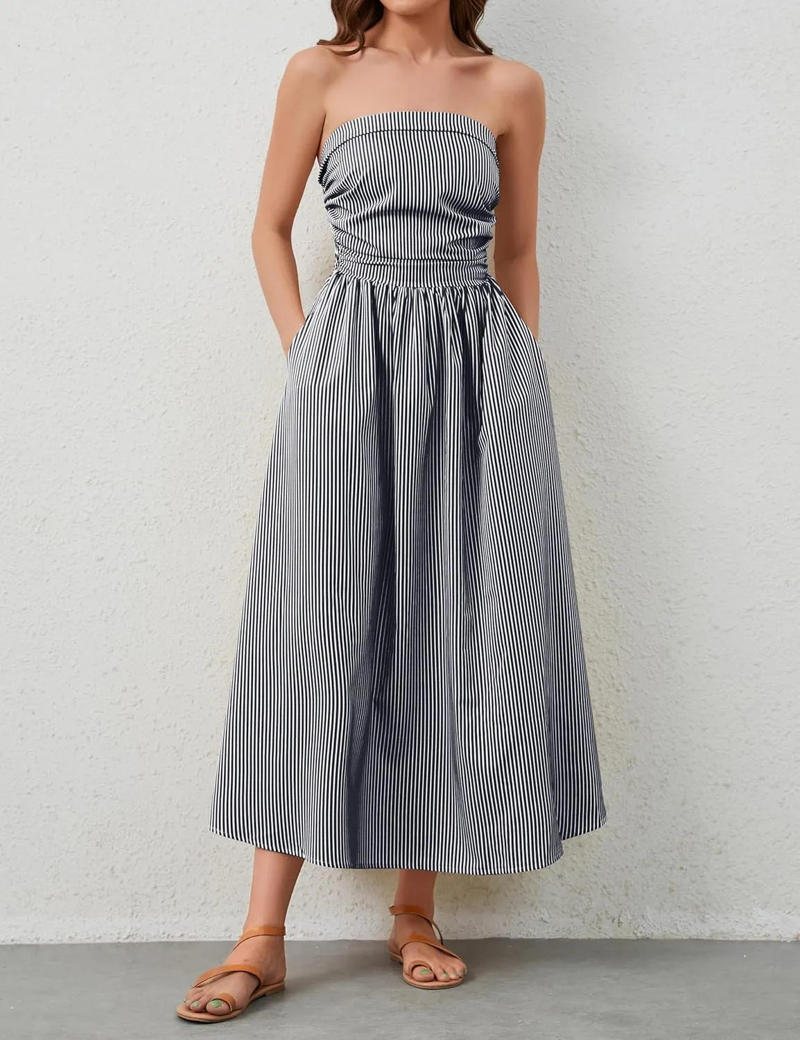Women Striped Strapless Sleeveless Flowy Summer Casual Tube Maxi Long Dress with Pockets