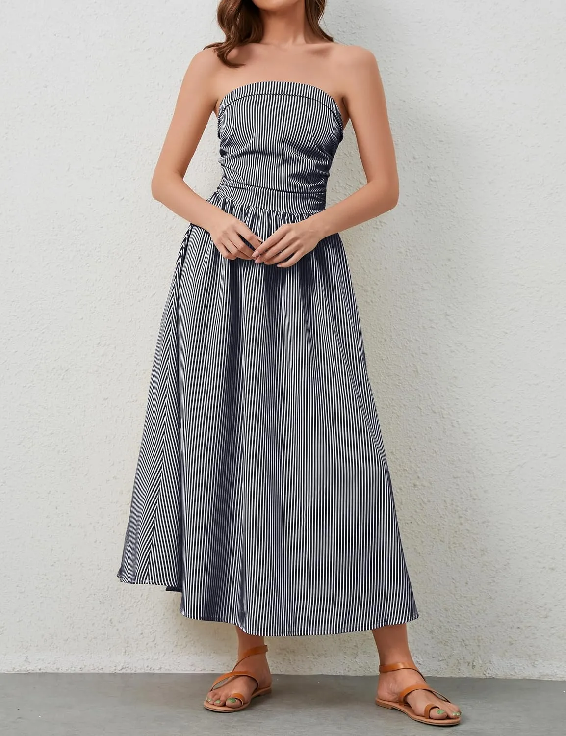 Women Striped Strapless Sleeveless Flowy Summer Casual Tube Maxi Long Dress with Pockets