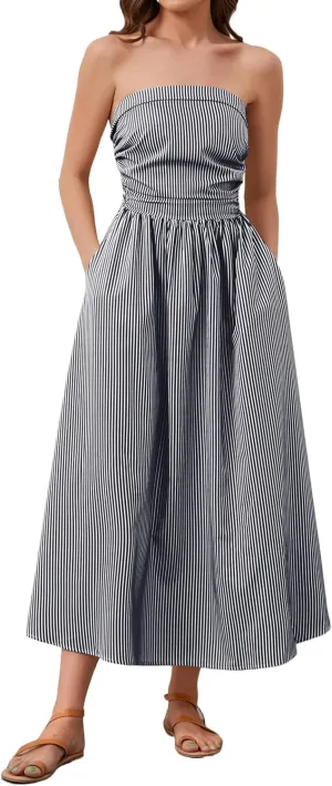 Women Striped Strapless Sleeveless Flowy Summer Casual Tube Maxi Long Dress with Pockets