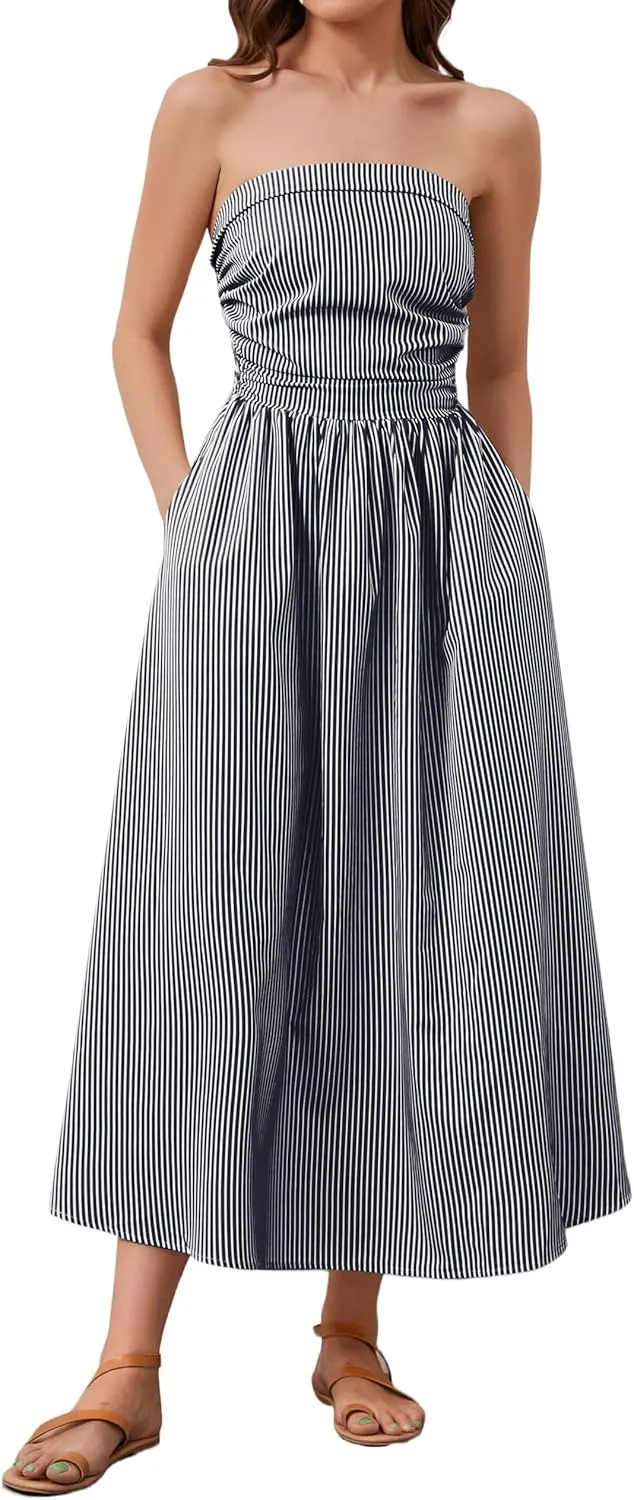 Women Striped Strapless Sleeveless Flowy Summer Casual Tube Maxi Long Dress with Pockets
