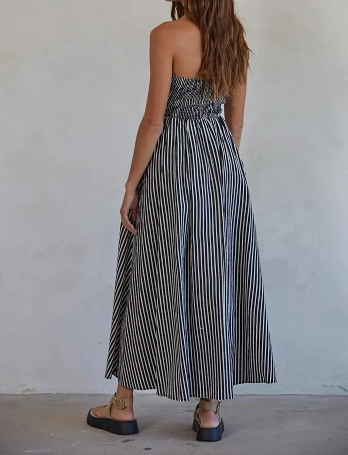 Women Striped Strapless Sleeveless Flowy Summer Casual Tube Maxi Long Dress with Pockets