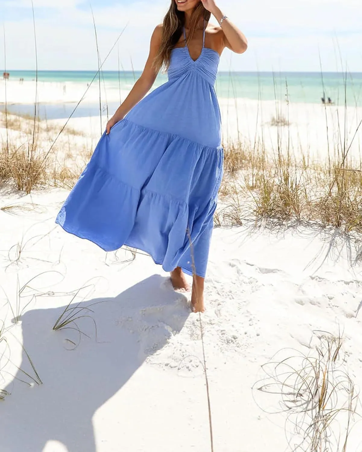 Women Summer Halter Smocked Long Dress Spaghetti Strap Ruffle Tiered Flowy Backless Maxi Dress Beach Sundress