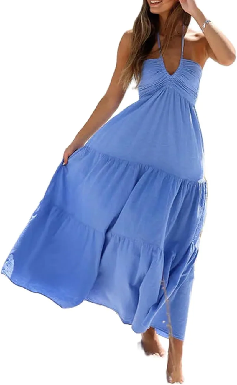 Women Summer Halter Smocked Long Dress Spaghetti Strap Ruffle Tiered Flowy Backless Maxi Dress Beach Sundress