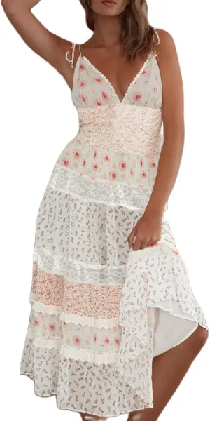 Women Summer Halter Smocked Long Dress Spaghetti Strap Ruffle Tiered Flowy Backless Maxi Dress Beach Sundress