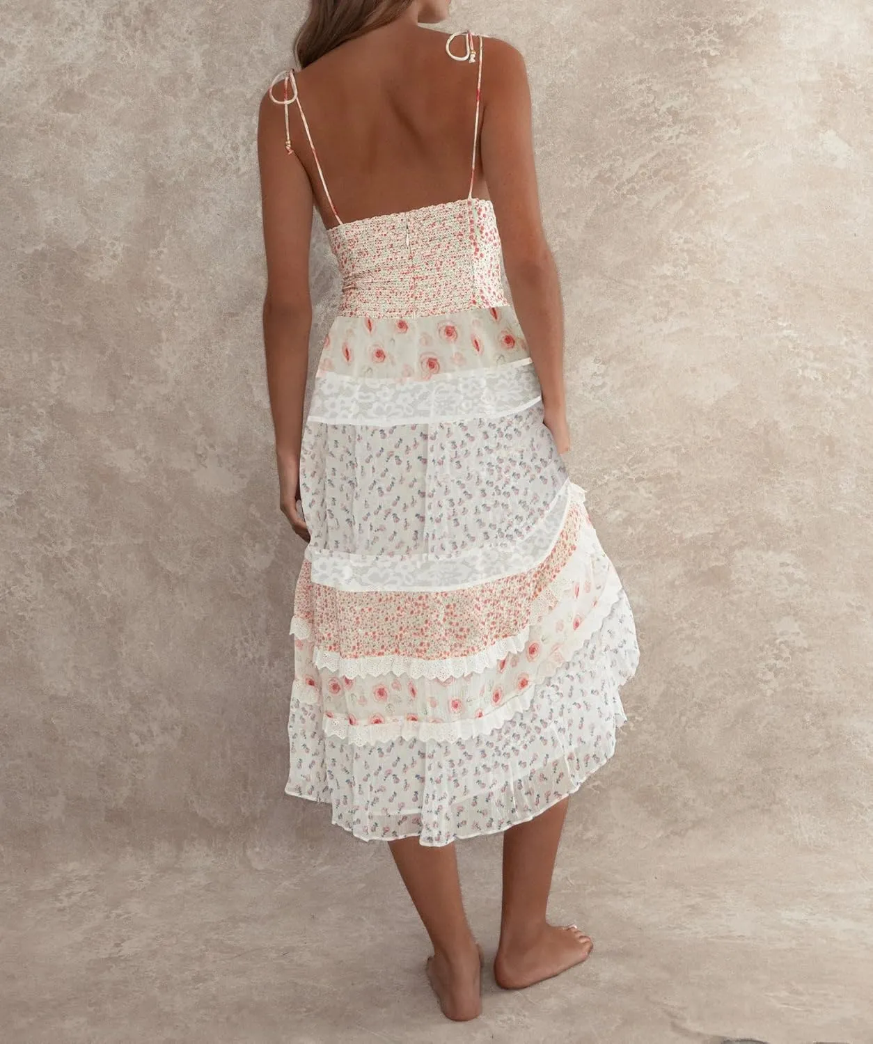 Women Summer Halter Smocked Long Dress Spaghetti Strap Ruffle Tiered Flowy Backless Maxi Dress Beach Sundress