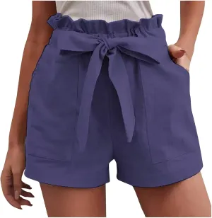 Women Summer Linen Blend Shorts 2023 Ruffle Hight Waisted Shorts Casual Solid Front Bow Belted Paperbag Shorts Beach Holiday
