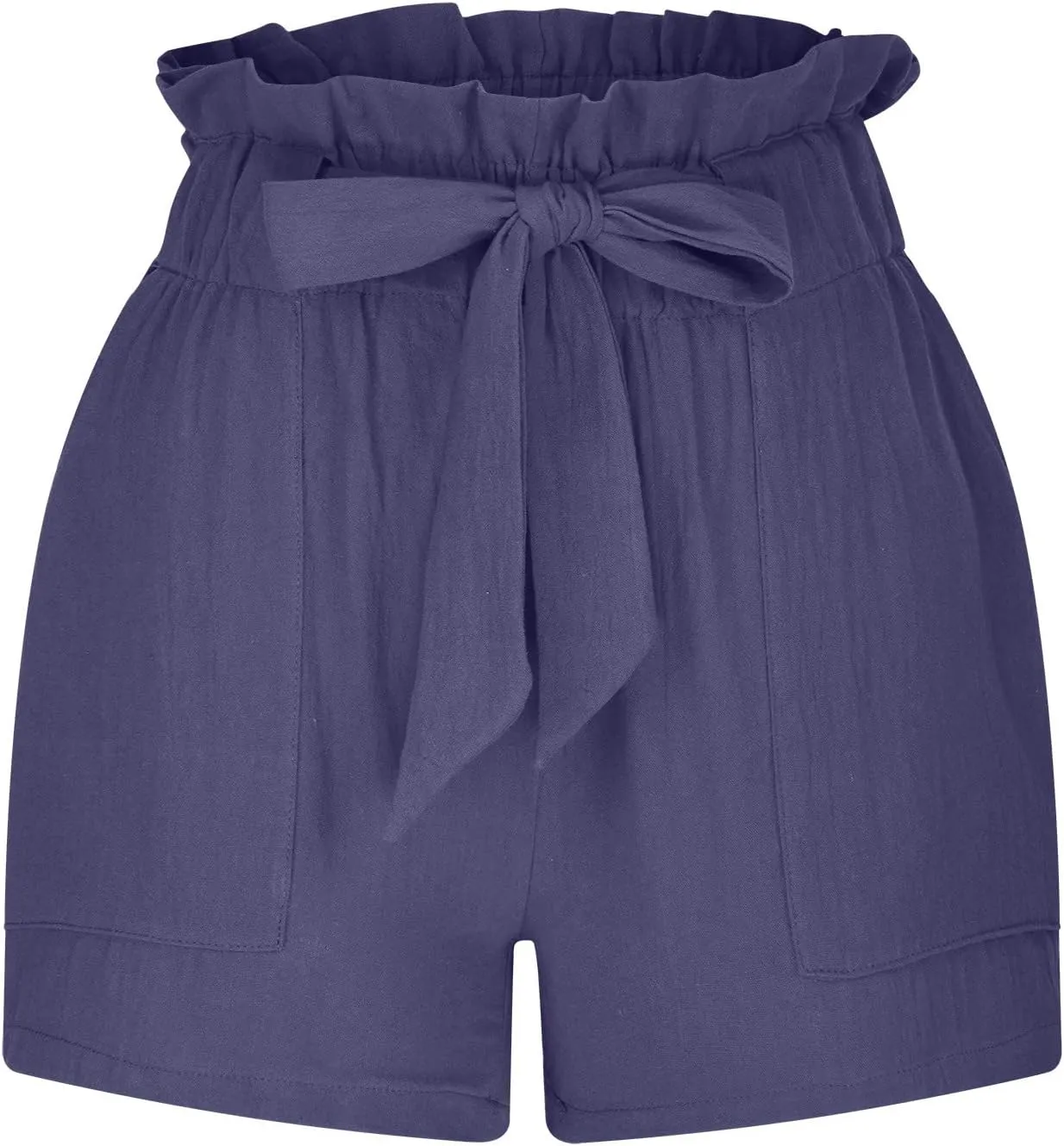 Women Summer Linen Blend Shorts 2023 Ruffle Hight Waisted Shorts Casual Solid Front Bow Belted Paperbag Shorts Beach Holiday