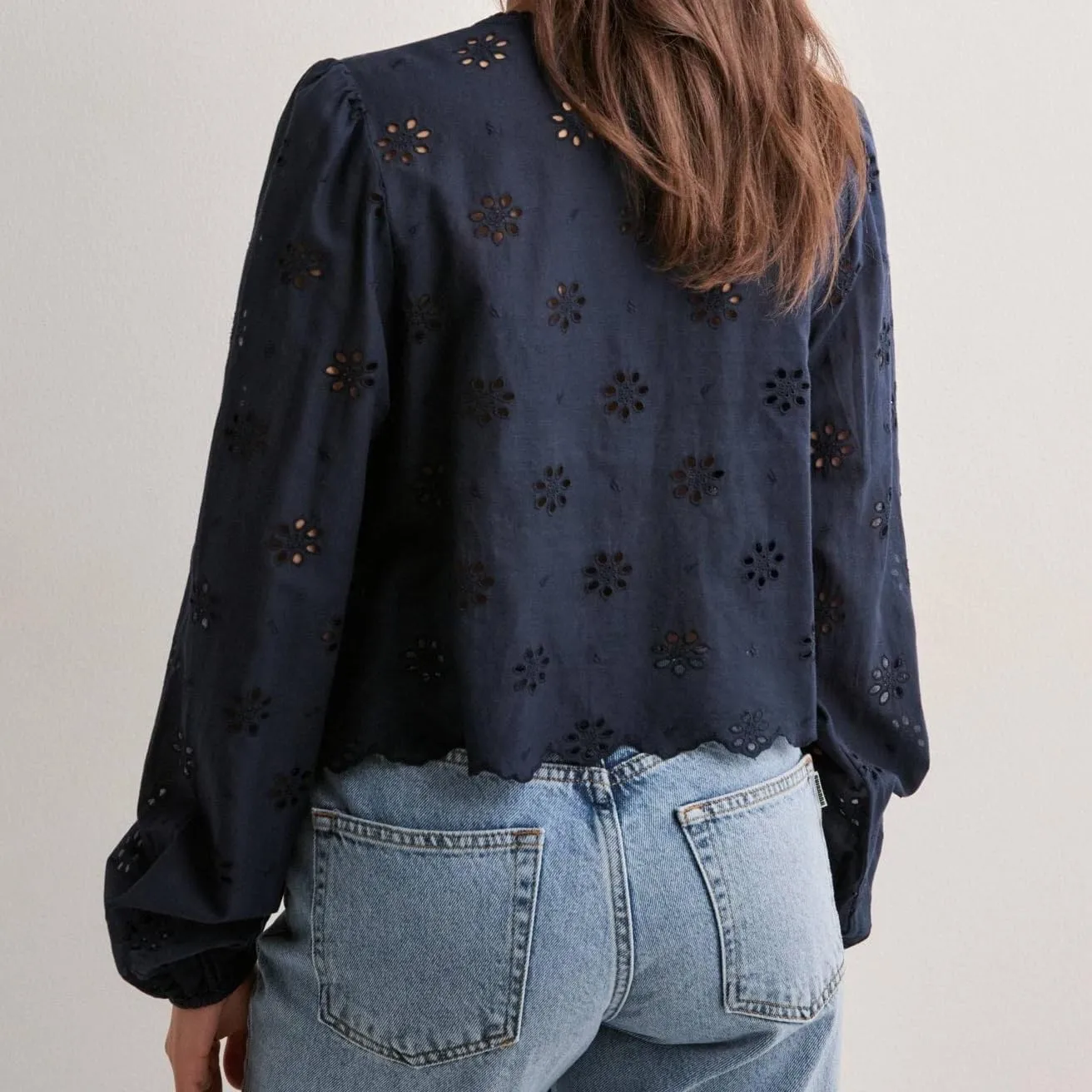 Women Tie Front Blouse Top Long Sleeve Eyelet Embroidered Hollow Out Beach Cropped Shirt Tops