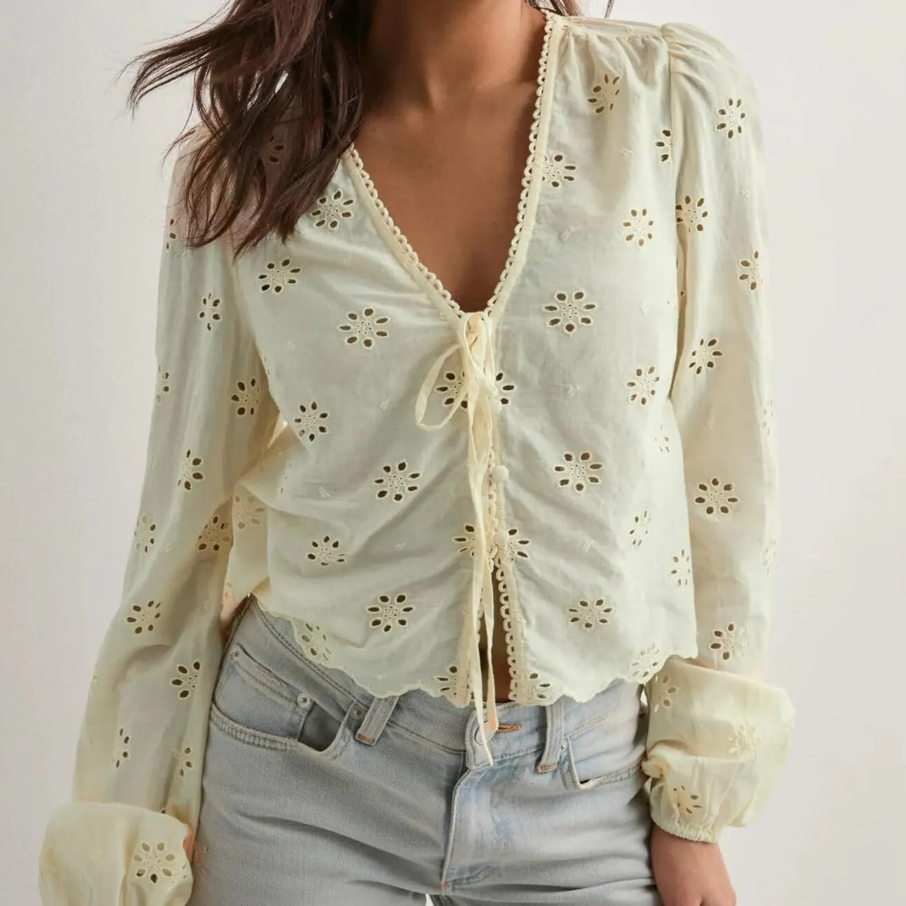 Women Tie Front Blouse Top Long Sleeve Eyelet Embroidered Hollow Out Beach Cropped Shirt Tops