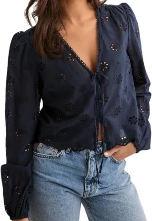 Women Tie Front Blouse Top Long Sleeve Eyelet Embroidered Hollow Out Beach Cropped Shirt Tops
