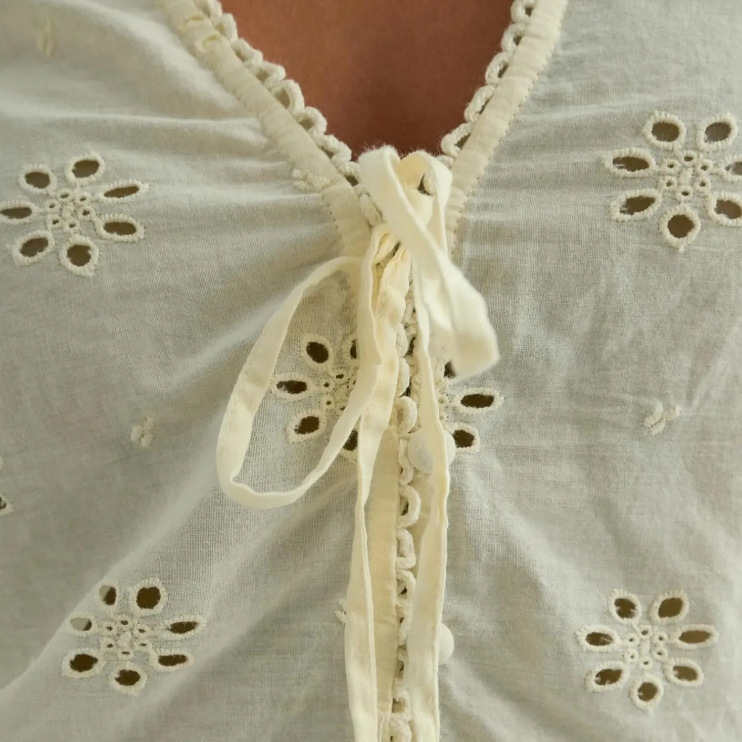 Women Tie Front Blouse Top Long Sleeve Eyelet Embroidered Hollow Out Beach Cropped Shirt Tops