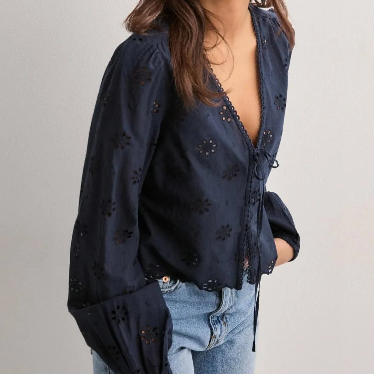 Women Tie Front Blouse Top Long Sleeve Eyelet Embroidered Hollow Out Beach Cropped Shirt Tops