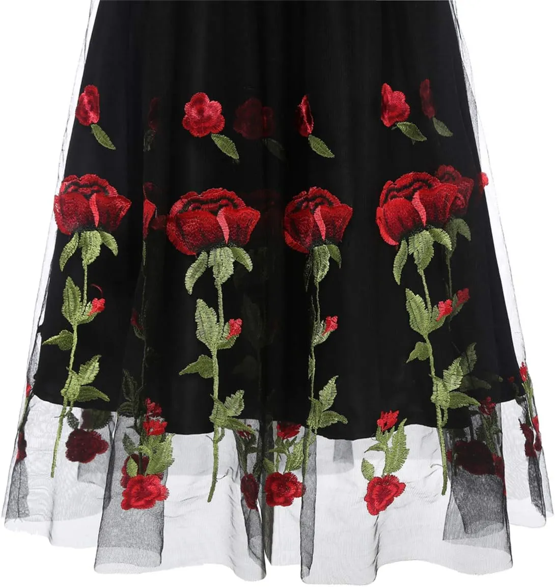 Women Vintage Off Shoulder Rose Embroidered Floral Evening Dress V Neck Short 3/4 Sleeves Wedding Cocktail A Line Midi Gown