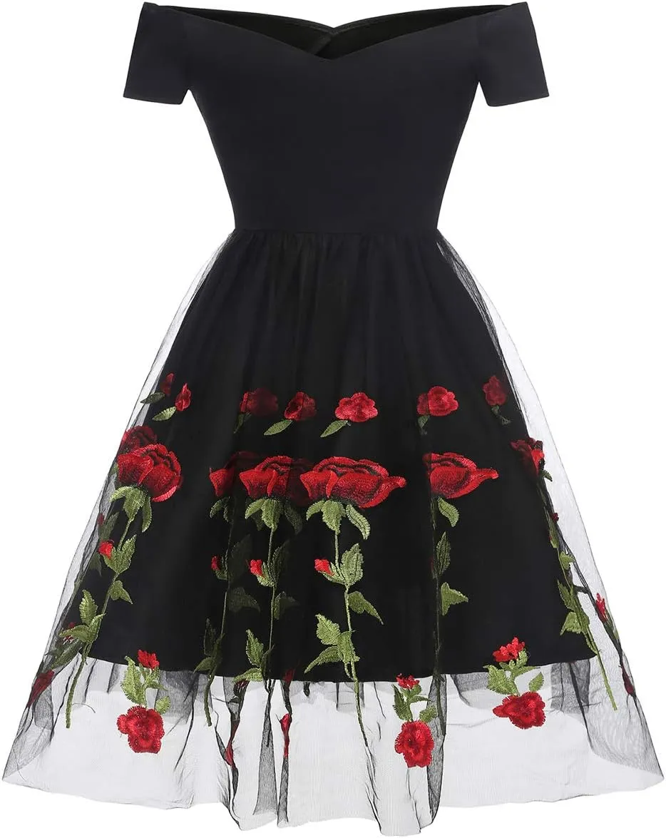 Women Vintage Off Shoulder Rose Embroidered Floral Evening Dress V Neck Short 3/4 Sleeves Wedding Cocktail A Line Midi Gown
