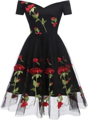 Women Vintage Off Shoulder Rose Embroidered Floral Evening Dress V Neck Short 3/4 Sleeves Wedding Cocktail A Line Midi Gown