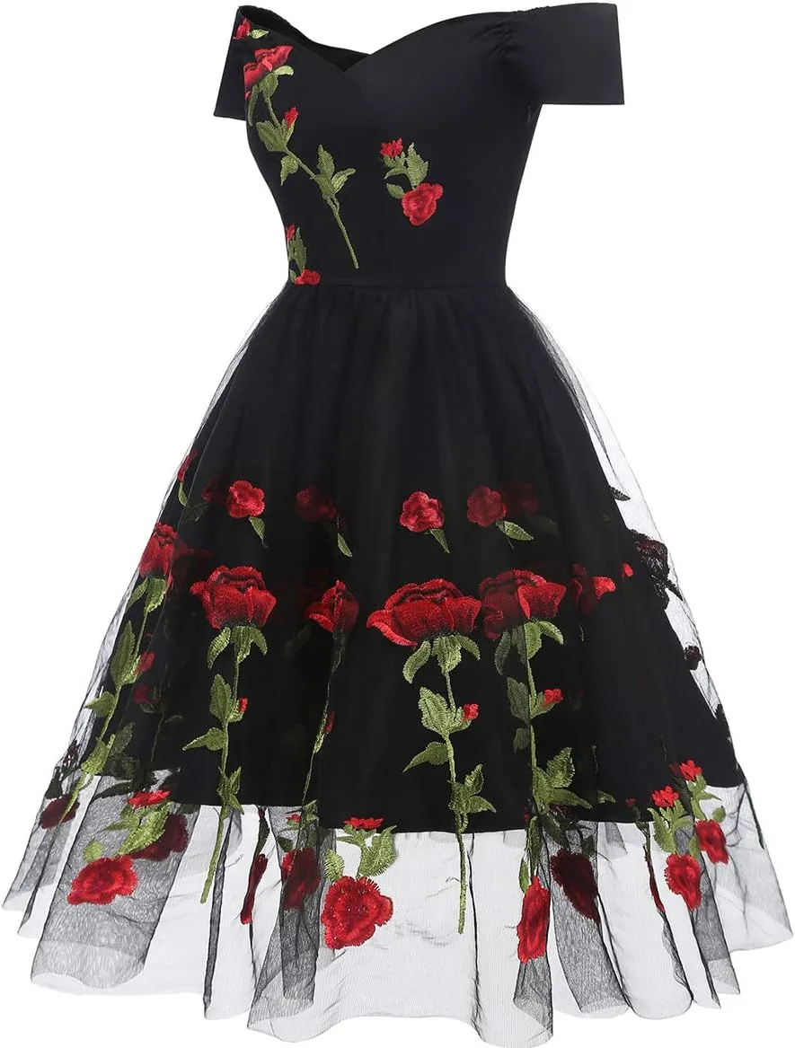 Women Vintage Off Shoulder Rose Embroidered Floral Evening Dress V Neck Short 3/4 Sleeves Wedding Cocktail A Line Midi Gown