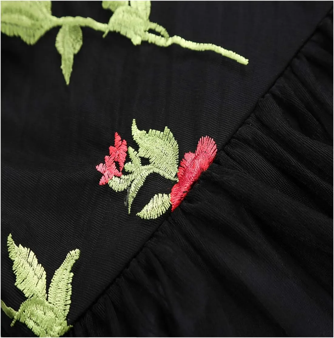 Women Vintage Off Shoulder Rose Embroidered Floral Evening Dress V Neck Short 3/4 Sleeves Wedding Cocktail A Line Midi Gown