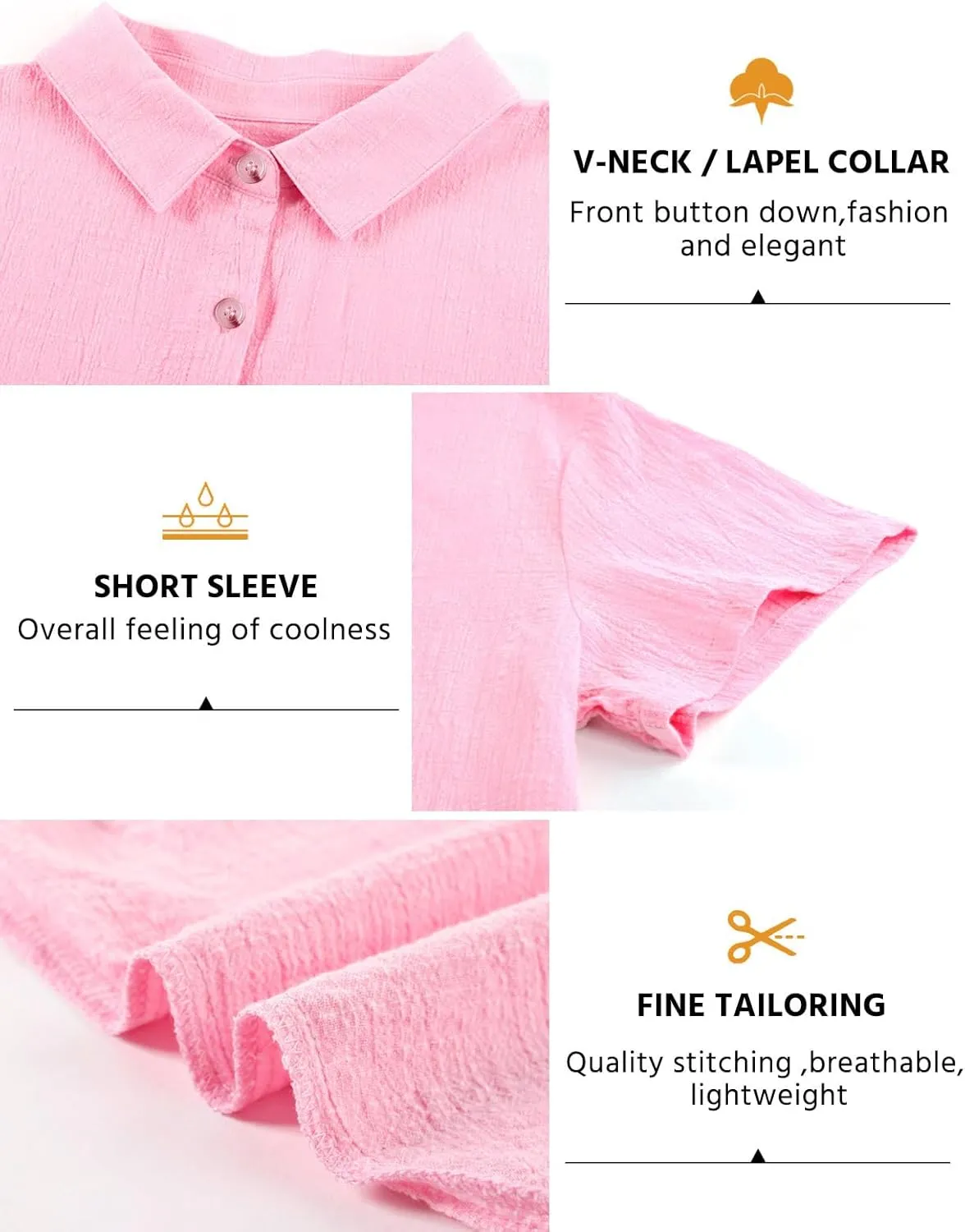 Womens Button Down Shirts Cotton Summer Tops V Neck Short Sleeve Shirt Collar Blouse Casual Plain Tshirt Work Tops