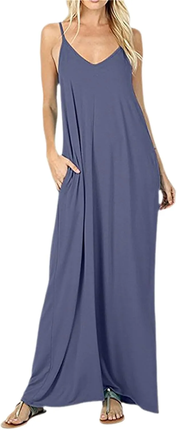 Womens Casual Dress Summer Sleeveless V Neck Sundress Aline Flowy Beach Maxi Dresses Travel 2025 Vacation Outfits