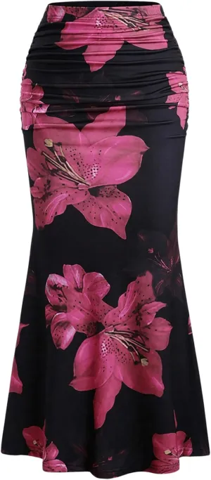 Women's Floral Print Maxi Skirt Ruffle Hem Ruched Fishtail Bodycon Long Skirts Vacation Going Out Outfits