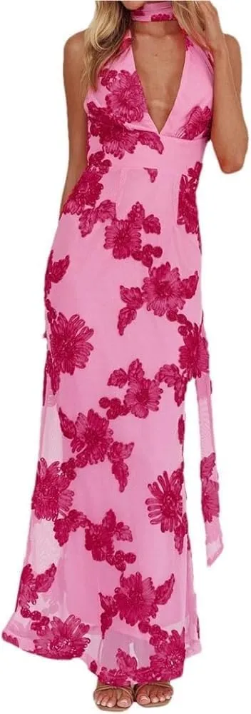 Women's Lace Floral Backless Maxi Dress Sleeveless V-Neck Elegant Casual Wedding Guest Vacation Dresses