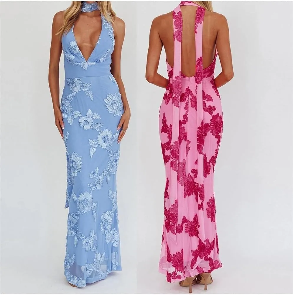 Women's Lace Floral Backless Maxi Dress Sleeveless V-Neck Elegant Casual Wedding Guest Vacation Dresses