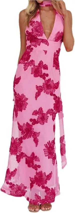 Women's Lace Floral Backless Maxi Dress Sleeveless V-Neck Elegant Casual Wedding Guest Vacation Dresses
