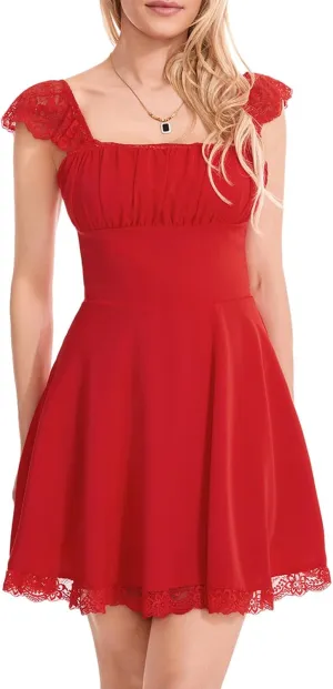 Women's Lace Trim Mini Dress Spaghetti Strap Square Neck Backless Ruched A Line Swing Dress Flowy Sexy Party Dress