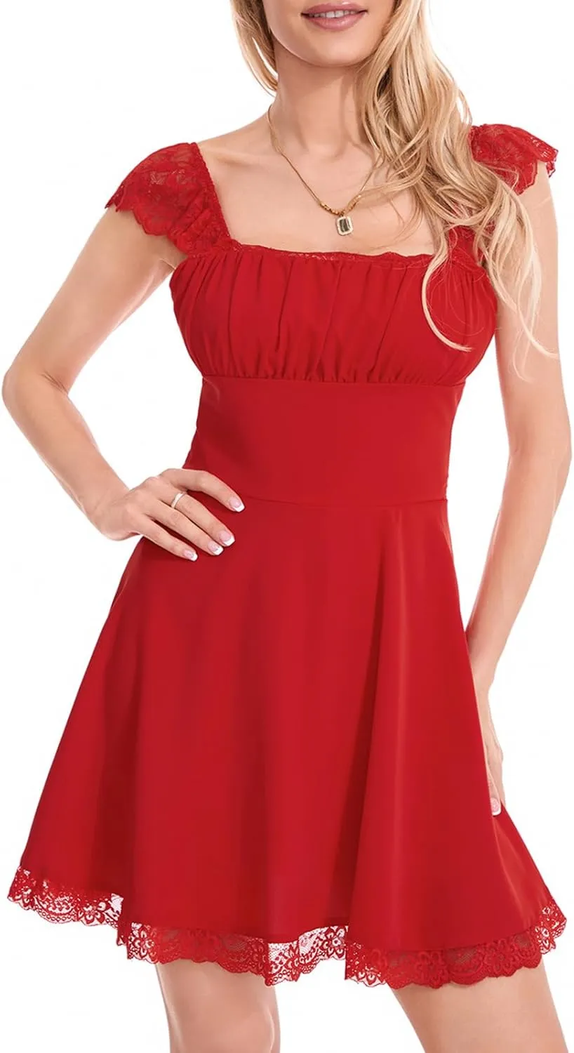 Women's Lace Trim Mini Dress Spaghetti Strap Square Neck Backless Ruched A Line Swing Dress Flowy Sexy Party Dress