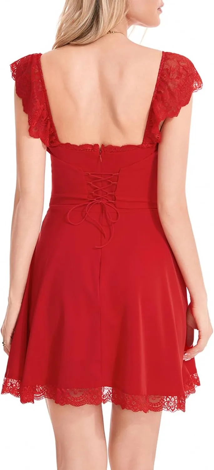 Women's Lace Trim Mini Dress Spaghetti Strap Square Neck Backless Ruched A Line Swing Dress Flowy Sexy Party Dress