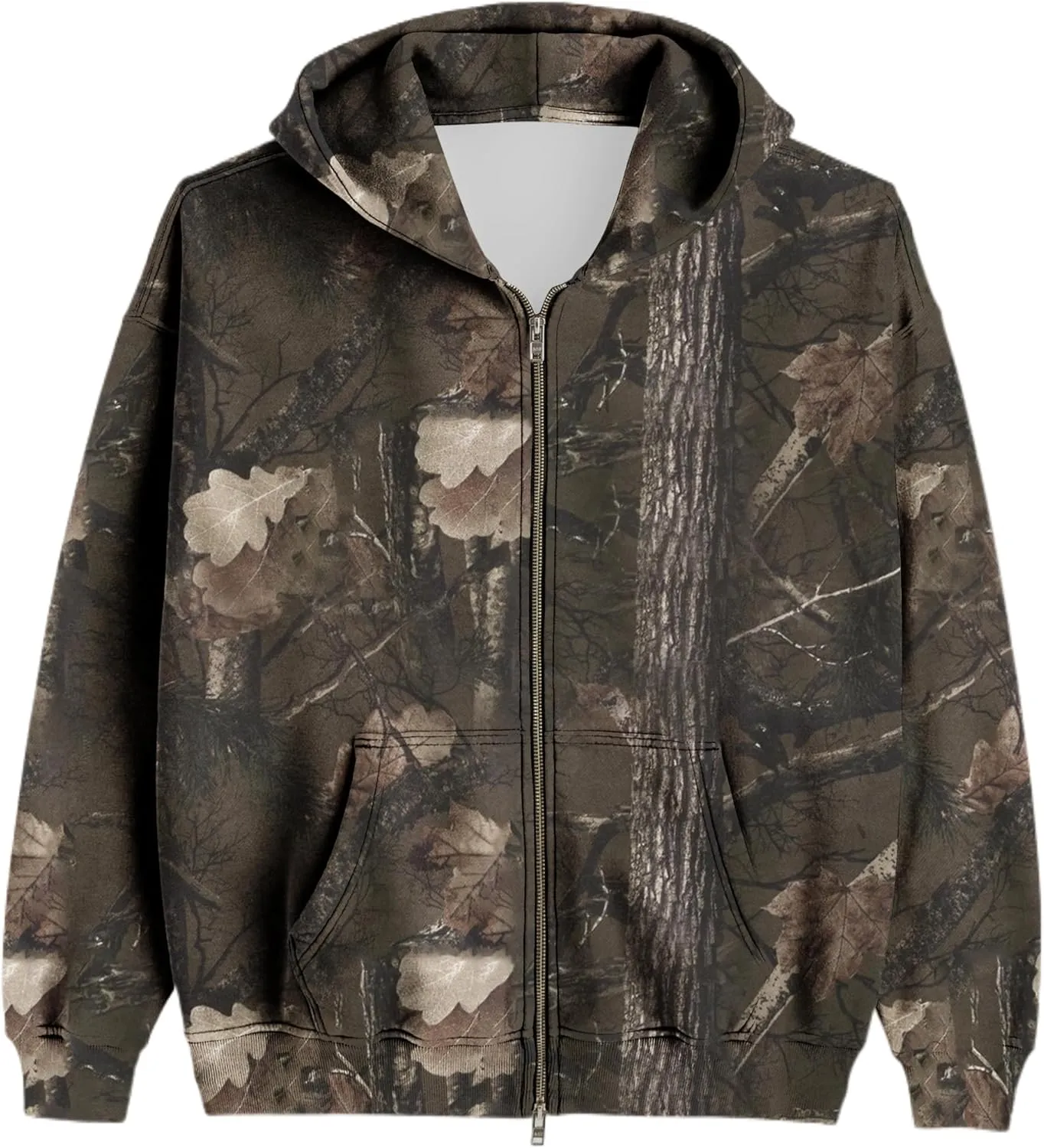 Womens Mens Camo Zip Up Hoodie Maple Leaf Print Oversized Hooded Sweatshirt Fleece Long Sleeve Jacket