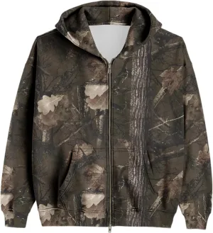 Womens Mens Camo Zip Up Hoodie Maple Leaf Print Oversized Hooded Sweatshirt Fleece Long Sleeve Jacket