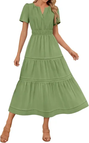 Women's Midi Dresses 2025 Summer Casual Short Sleeve V Neck Elastic Waist Elegant Boho Flowy Long Dress with Pocket