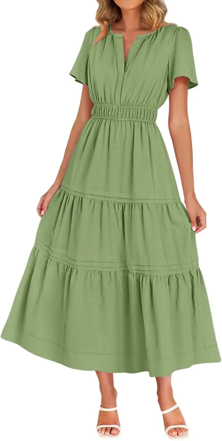 Women's Midi Dresses 2025 Summer Casual Short Sleeve V Neck Elastic Waist Elegant Boho Flowy Long Dress with Pocket