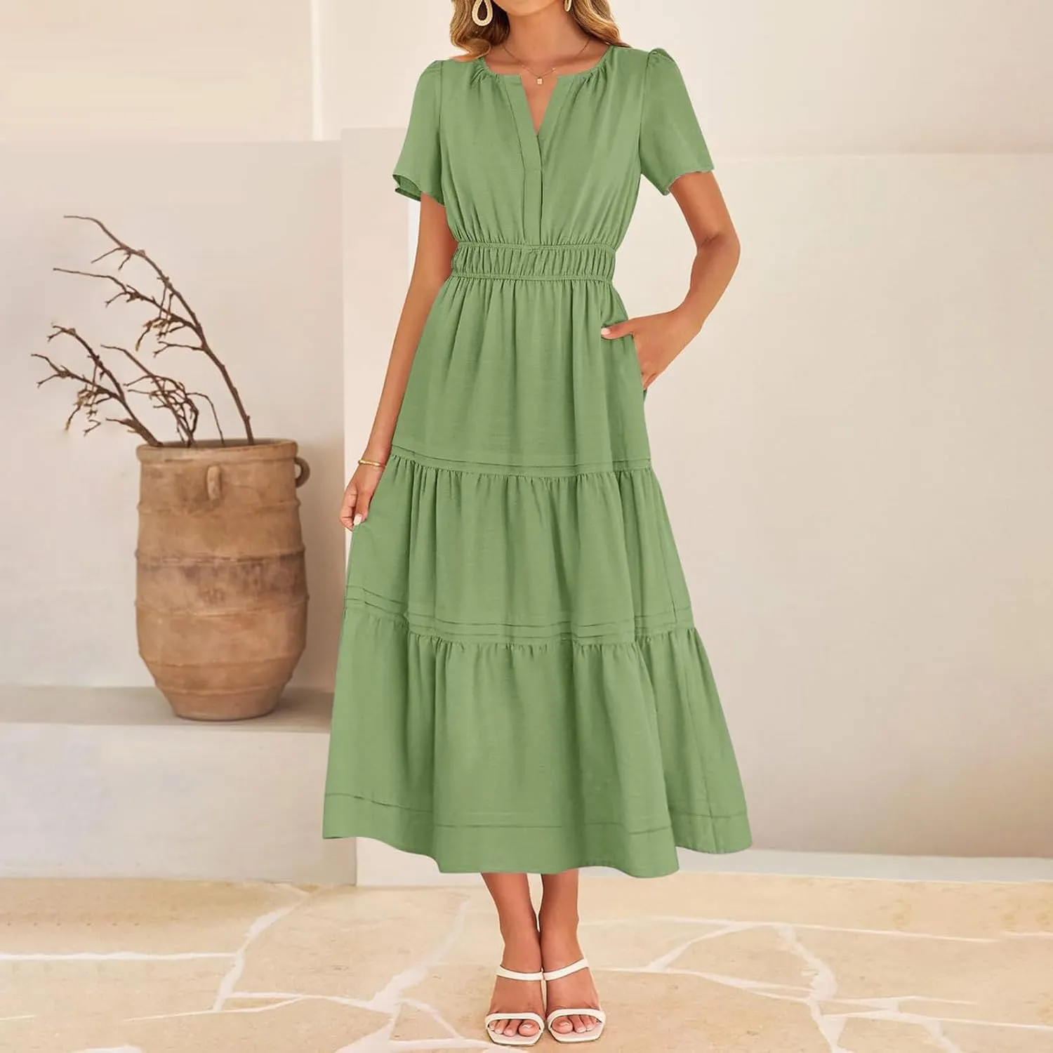 Women's Midi Dresses 2025 Summer Casual Short Sleeve V Neck Elastic Waist Elegant Boho Flowy Long Dress with Pocket