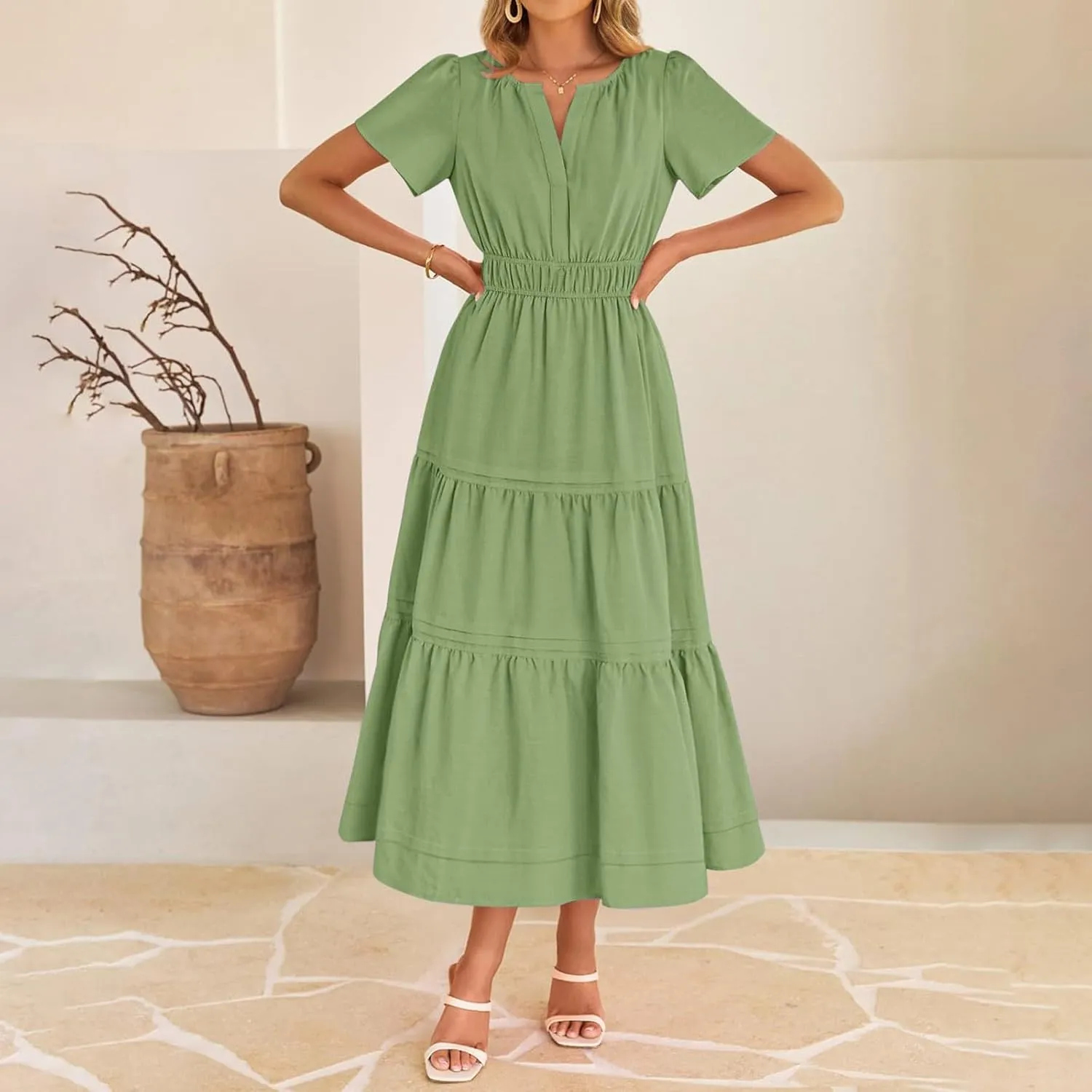 Women's Midi Dresses 2025 Summer Casual Short Sleeve V Neck Elastic Waist Elegant Boho Flowy Long Dress with Pocket